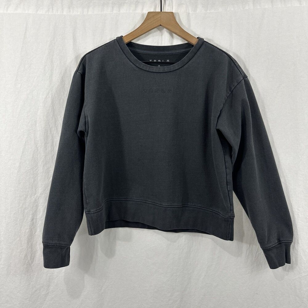 Tesla Womens Gray Crop Crewneck Pullover Sweatshirt Sz M Lounge Cotton Blend